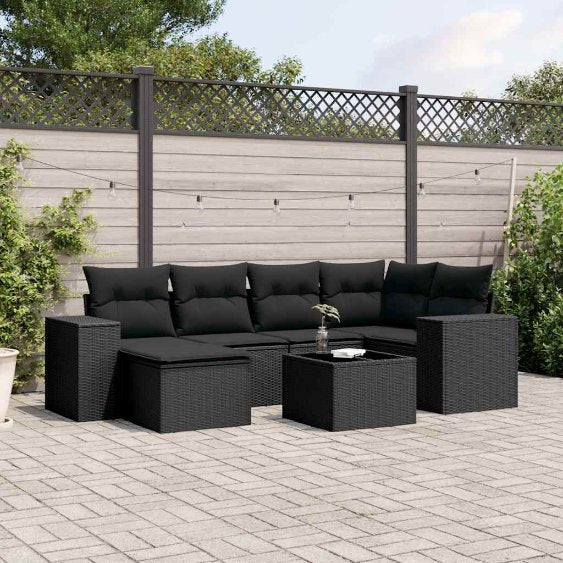 6-tlg. Garten-Sofagarnitur mit Kissen Schwarz Poly Rattan
