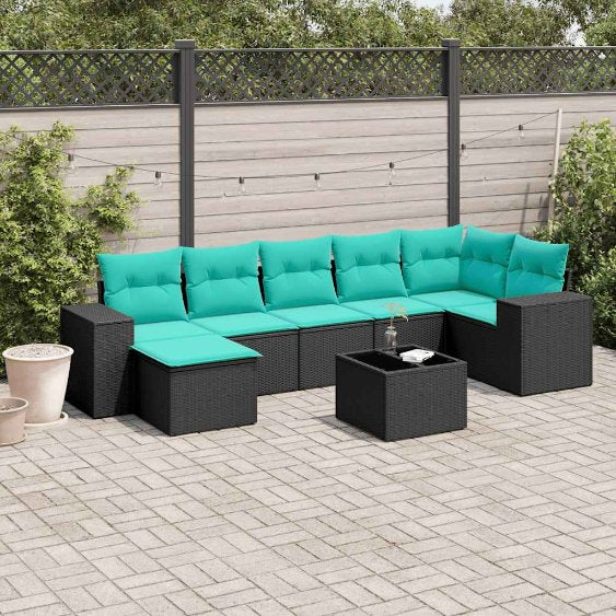 7-teiliges Gartensofa-Set mit Kissen, schwarzes Polyrattan