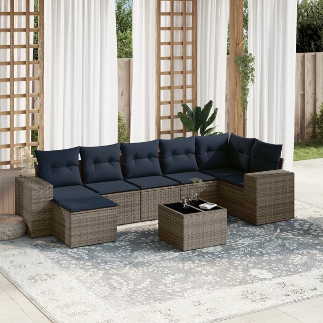 7-teiliges Gartensofa-Set mit Kissen, schwarzes Polyrattan