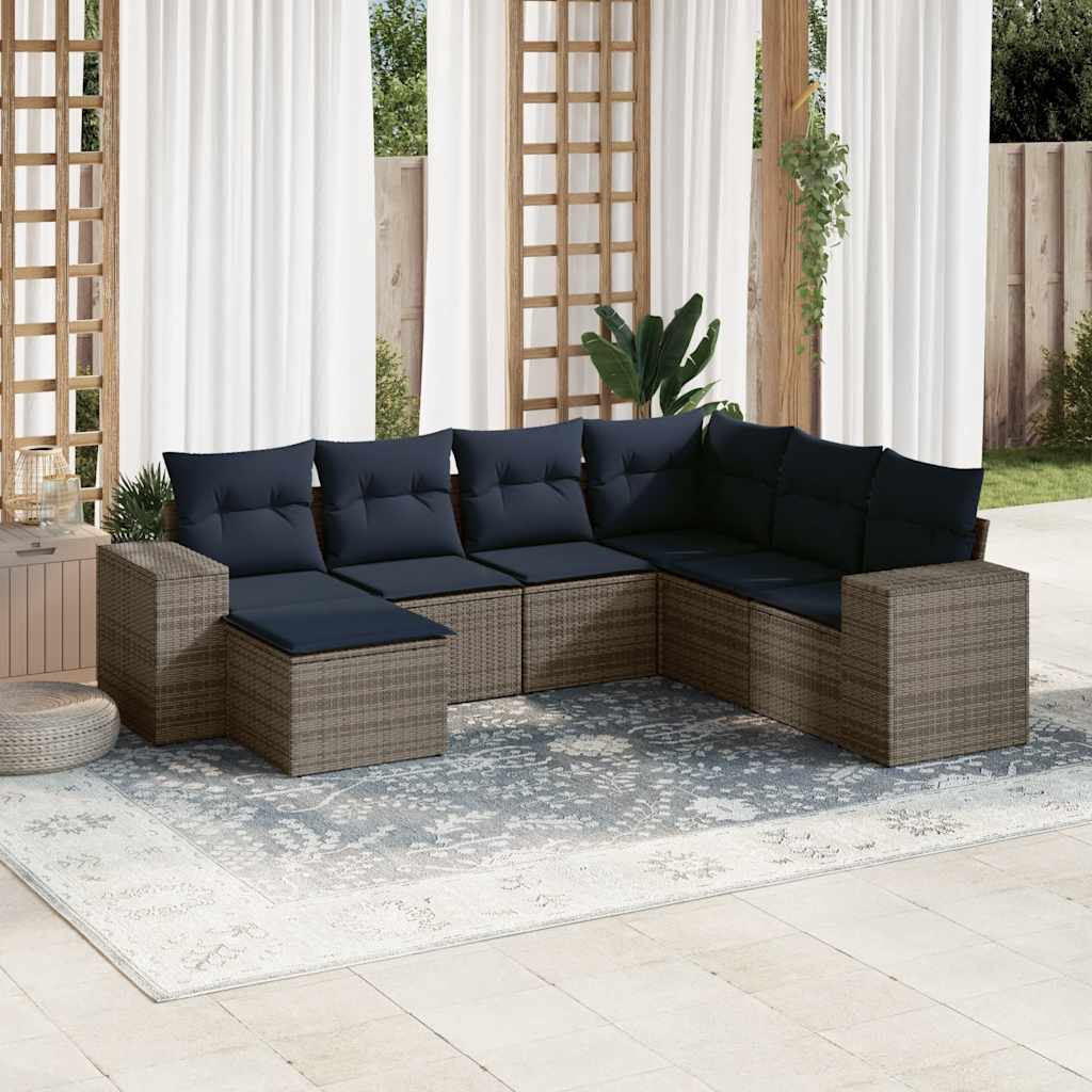 7-teiliges Gartensofa-Set mit Kissen, schwarzes Polyrattan