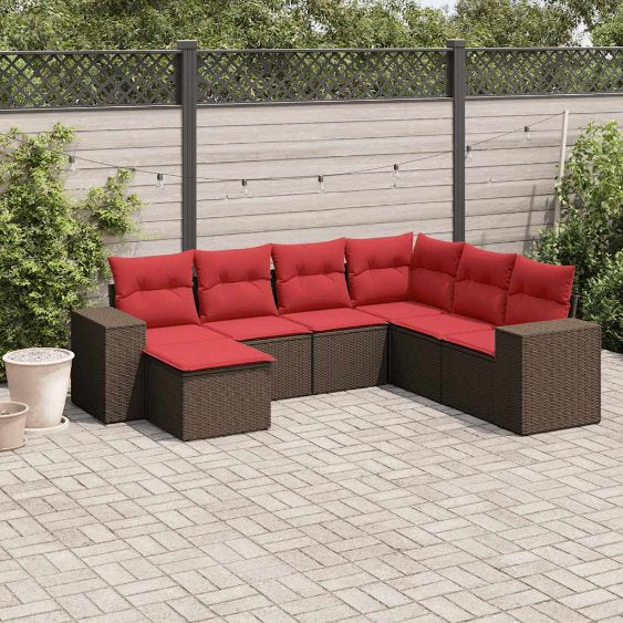 7-teiliges Gartensofa-Set mit Kissen, schwarzes Polyrattan
