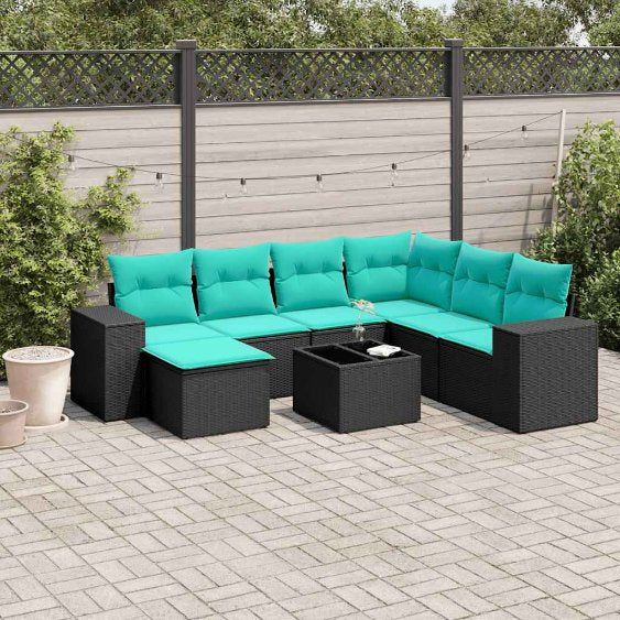 7-teiliges Gartensofa-Set mit Kissen, schwarzes Polyrattan