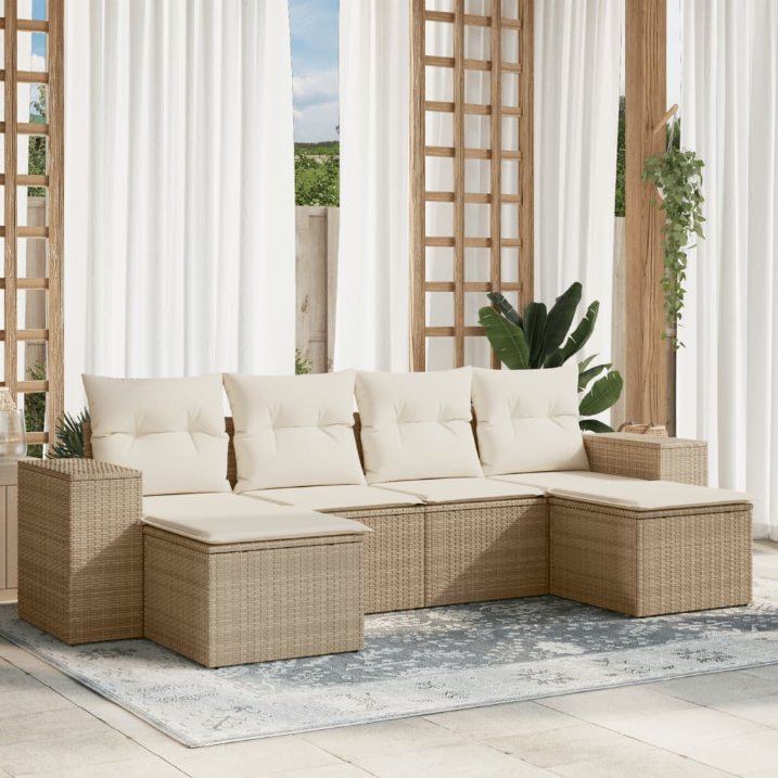6-tlg. Garten-Sofagarnitur mit Kissen Schwarz Poly Rattan