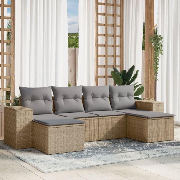 6-tlg. Garten-Sofagarnitur mit Kissen Schwarz Poly Rattan