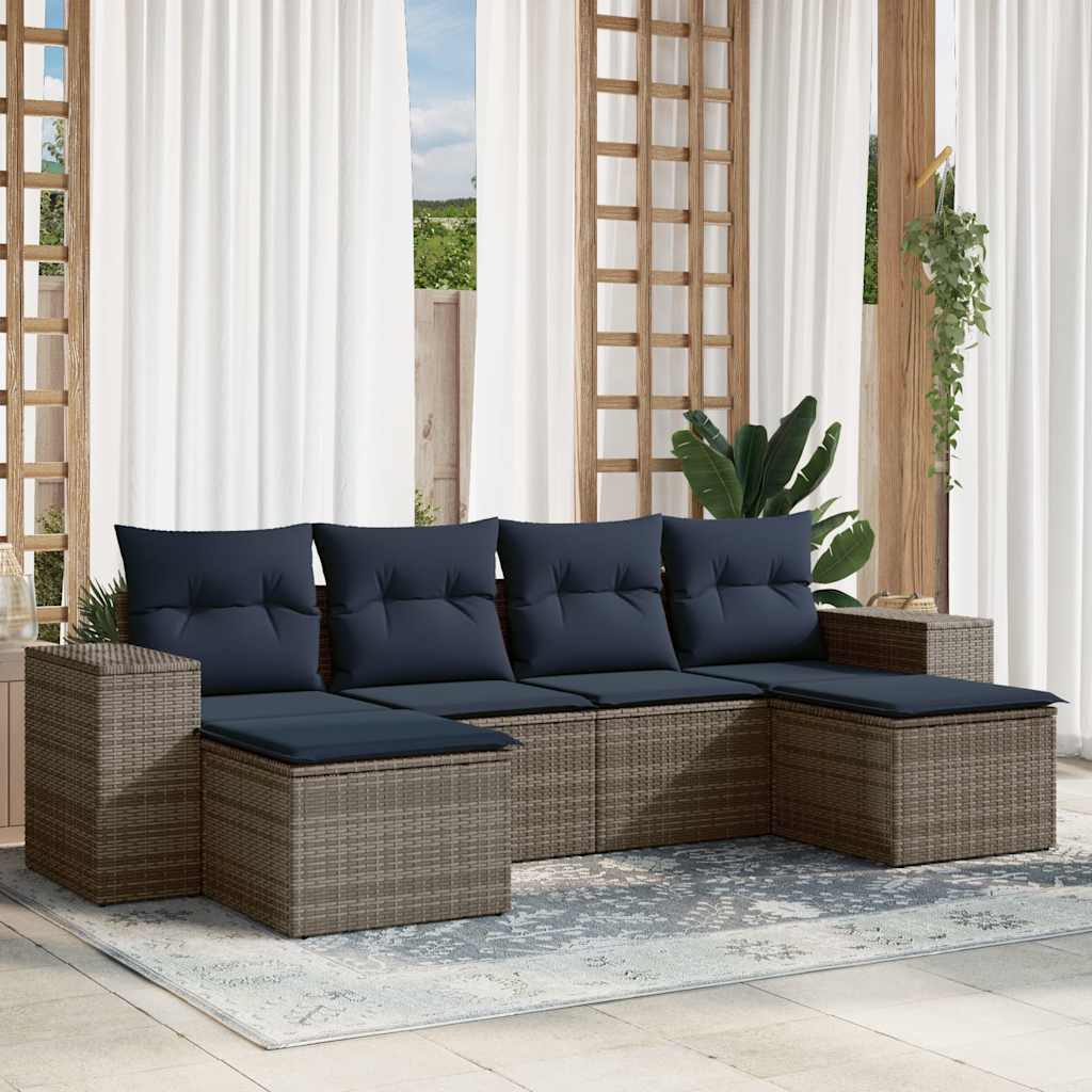 6-teiliges Gartensofa-Set mit Kissen, schwarzes Polyrattan