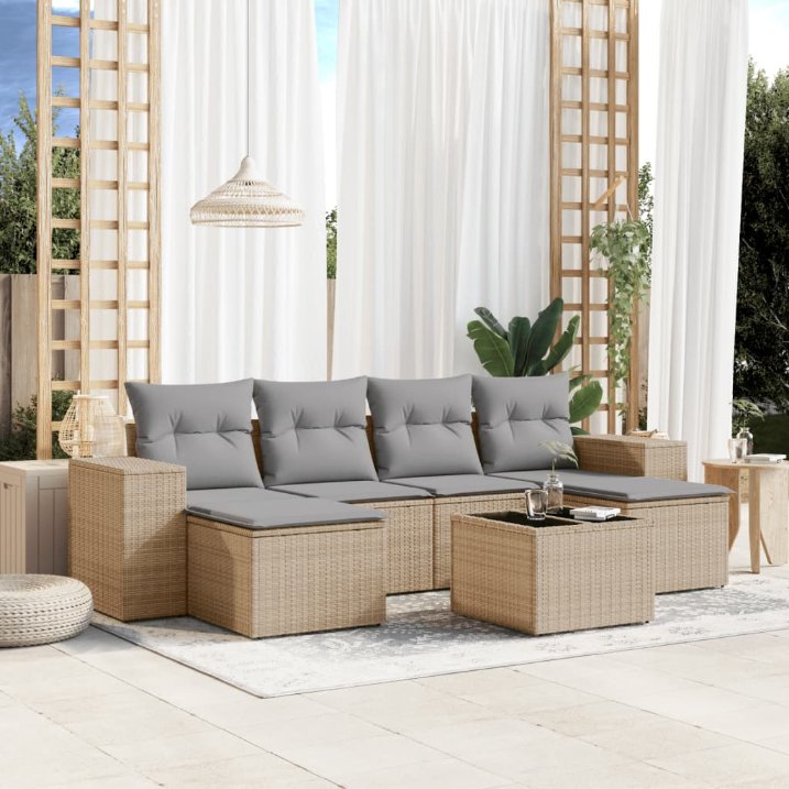 6-tlg. Garten-Sofagarnitur mit Kissen Schwarz Poly Rattan