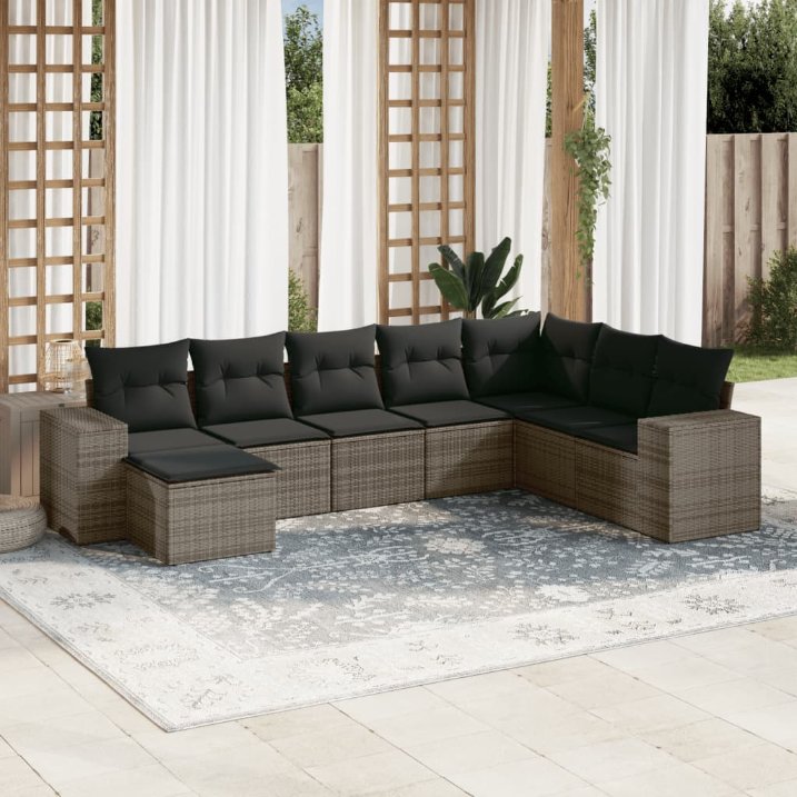 8-tlg. Garten-Sofagarnitur mit Kissen Schwarz Poly Rattan