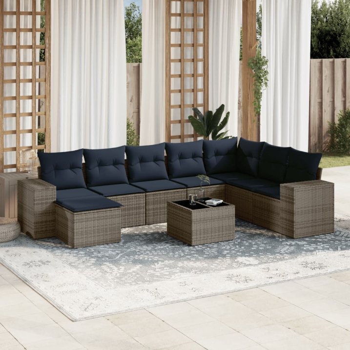 8-teiliges Gartensofa-Set mit Kissen, schwarzes Polyrattan