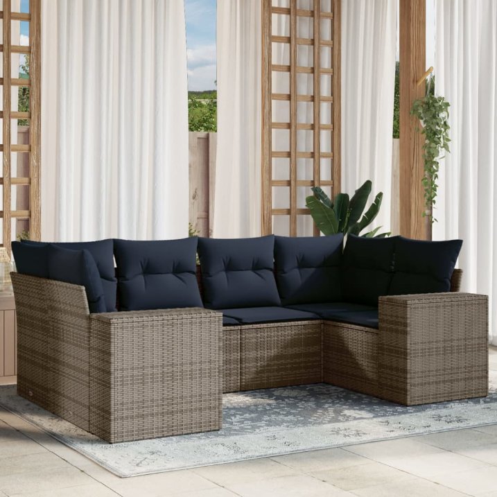 6-teiliges Gartensofa-Set mit Kissen, schwarzes Polyrattan