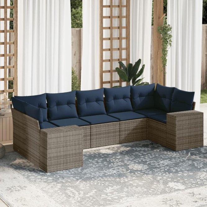 7-teiliges Gartensofa-Set mit Kissen, schwarzes Polyrattan