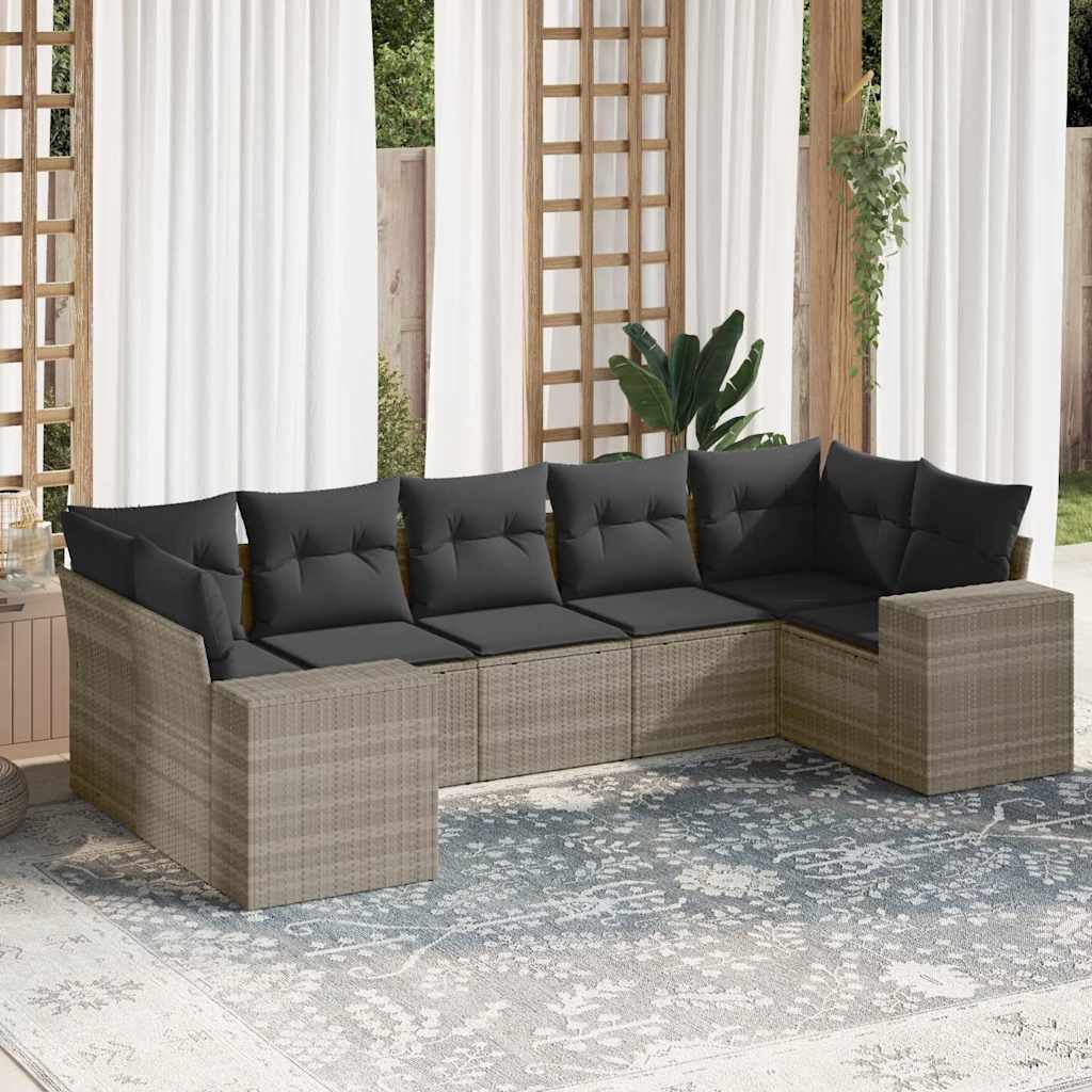 7-tlg. Garten-Sofagarnitur mit Kissen Schwarz Poly Rattan