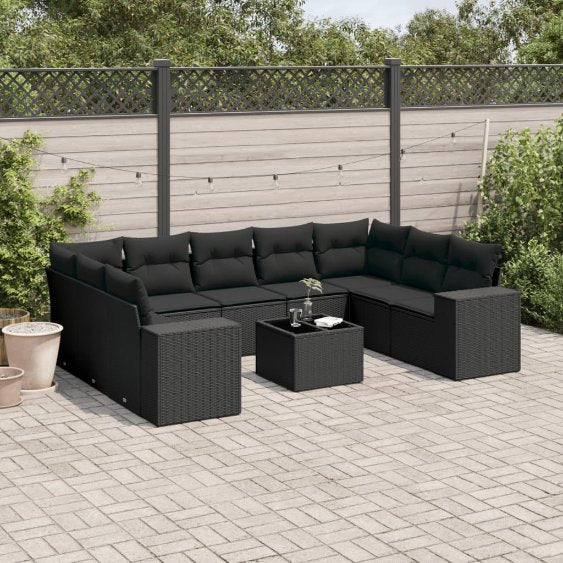 9-tlg. Garten-Sofagarnitur mit Kissen Schwarz Poly Rattan