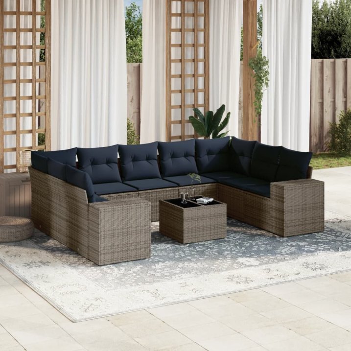 9-teiliges Gartensofa-Set mit Kissen, schwarzes Polyrattan
