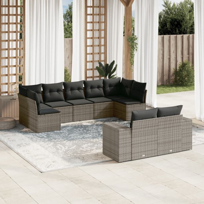 9-tlg. Garten-Sofagarnitur mit Kissen Schwarz Poly Rattan