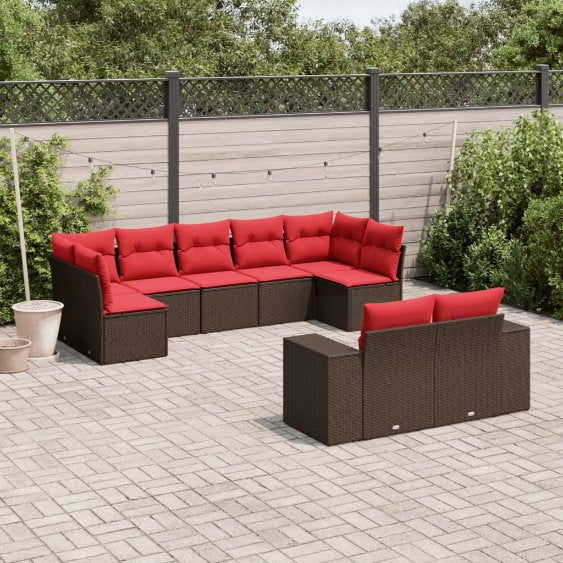9-teiliges Gartensofa-Set mit Kissen, schwarzes Polyrattan