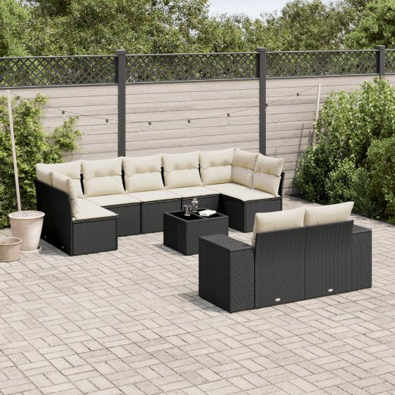 9-tlg. Garten-Sofagarnitur mit Kissen Schwarz Poly Rattan
