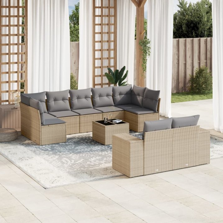 9-tlg. Garten-Sofagarnitur mit Kissen Schwarz Poly Rattan