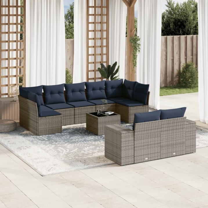 9-teiliges Gartensofa-Set mit Kissen, schwarzes Polyrattan