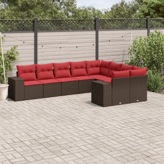 9-teiliges Gartensofa-Set mit Kissen, schwarzes Polyrattan