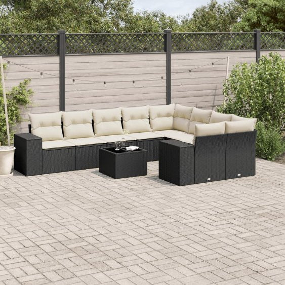 9-tlg. Garten-Sofagarnitur mit Kissen Schwarz Poly Rattan