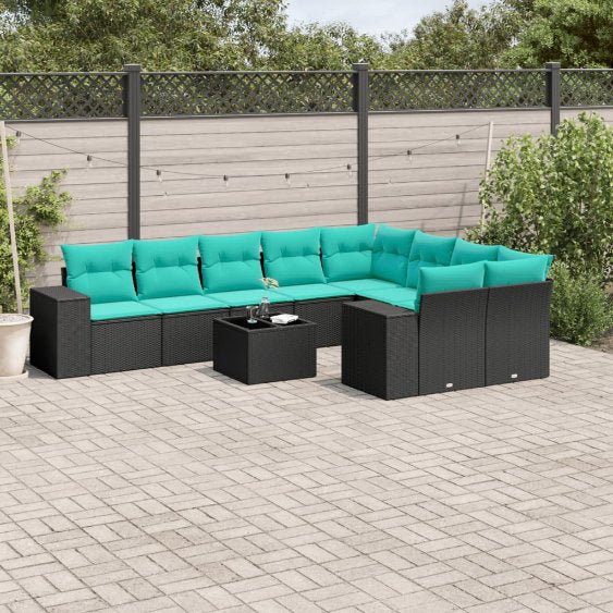 9-teiliges Gartensofa-Set mit Kissen, schwarzes Polyrattan