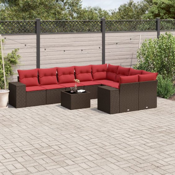9-teiliges Gartensofa-Set mit Kissen, schwarzes Polyrattan