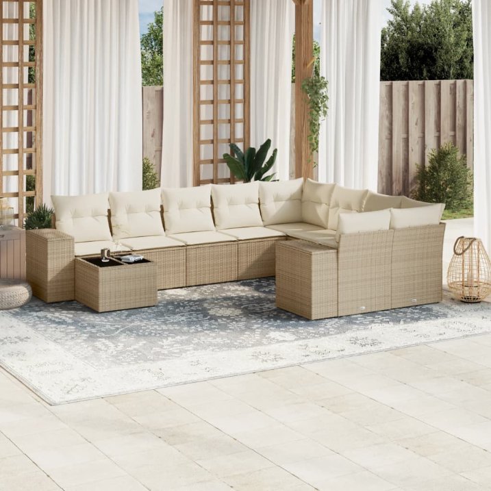 vidaXL 10-tlg. Garten-Sofagarnitur mit Kissen Schwarz Poly Rattan