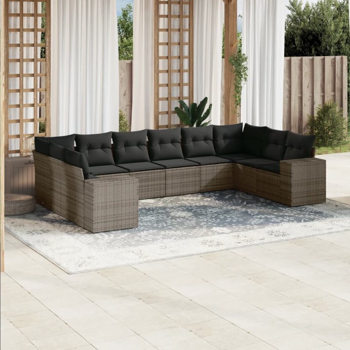 vidaXL 10-tlg. Garten-Sofagarnitur mit Kissen Schwarz Poly Rattan