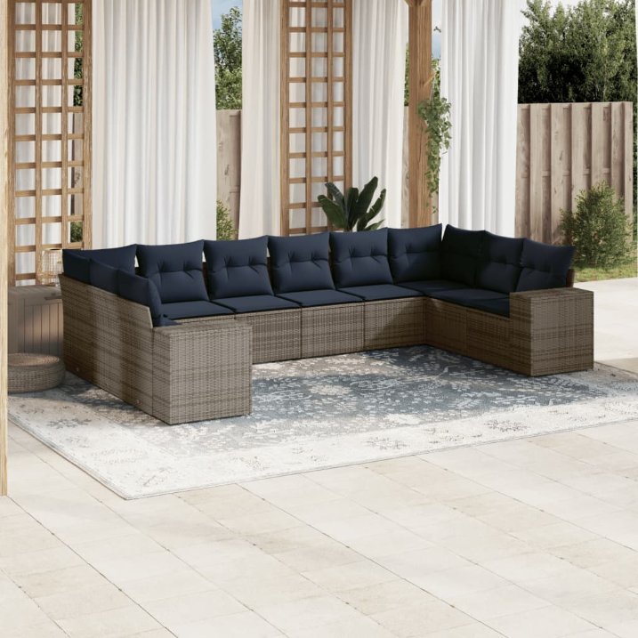 vidaXL 10-teiliges Gartensofa-Set mit Kissen, schwarzes Polyrattan