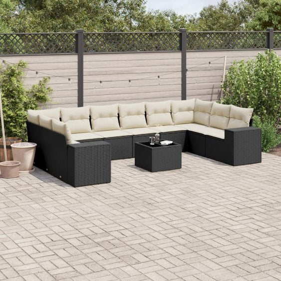 vidaXL 10-tlg. Garten-Sofagarnitur mit Kissen Schwarz Poly Rattan