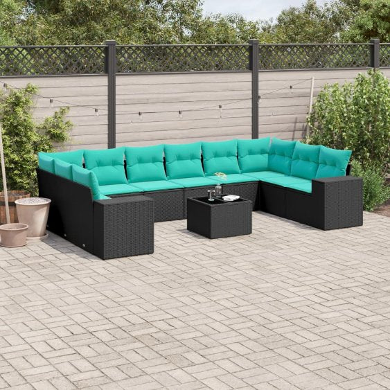vidaXL 10-teiliges Gartensofa-Set mit Kissen, schwarzes Polyrattan