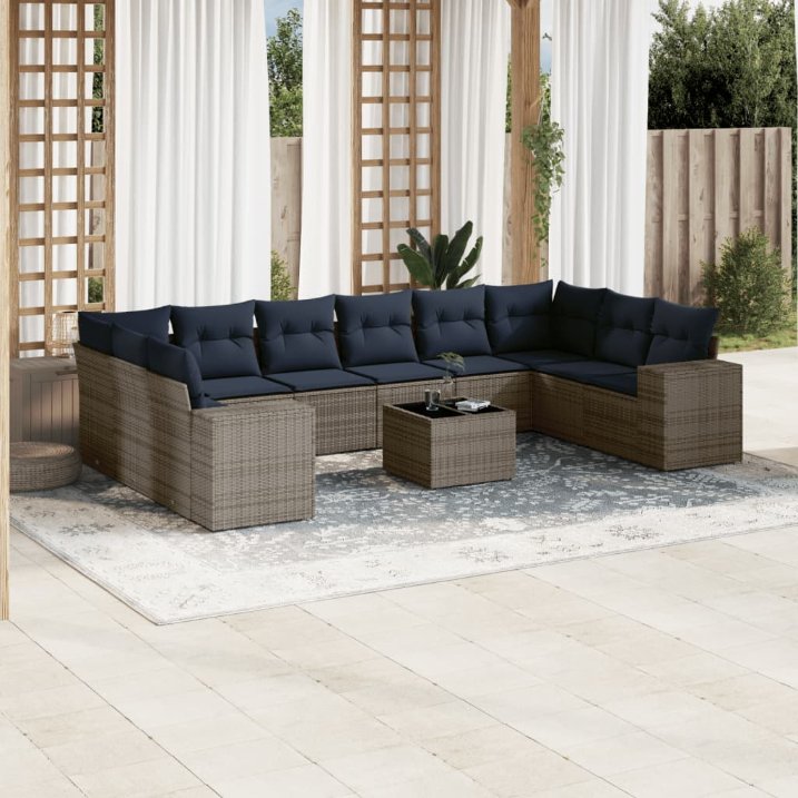 vidaXL 10-teiliges Gartensofa-Set mit Kissen, schwarzes Polyrattan