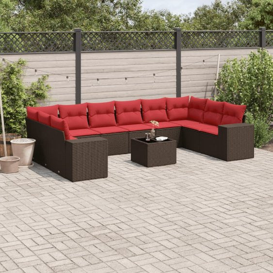 vidaXL 10-teiliges Gartensofa-Set mit Kissen, schwarzes Polyrattan