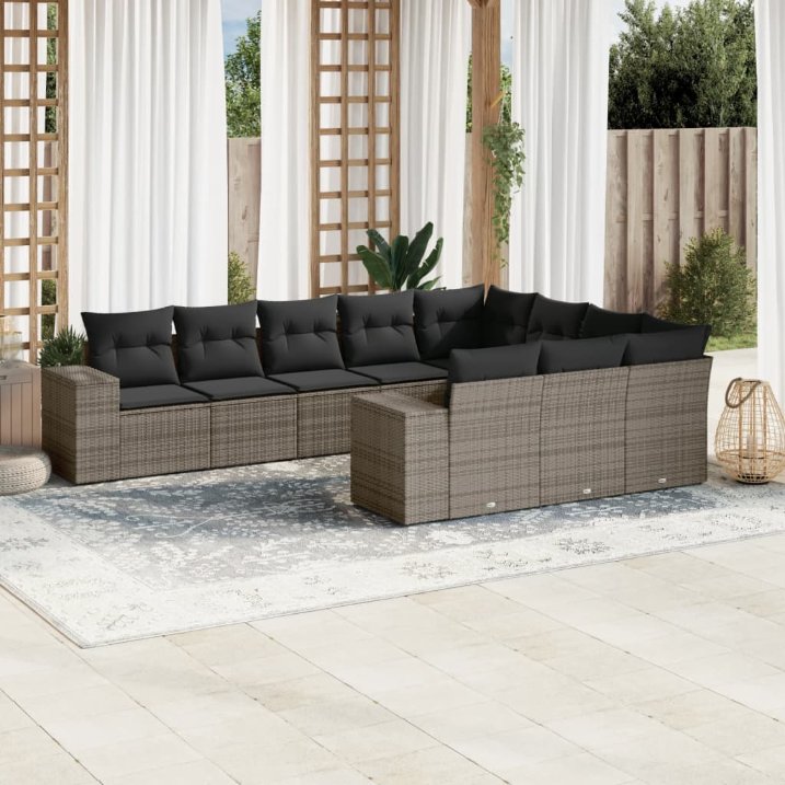 vidaXL 10-tlg. Garten-Sofagarnitur mit Kissen Schwarz Poly Rattan