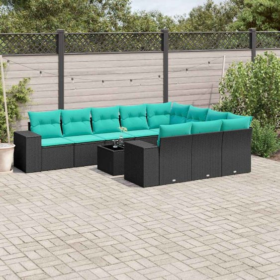 vidaXL 10-teiliges Gartensofa-Set mit Kissen, schwarzes Polyrattan