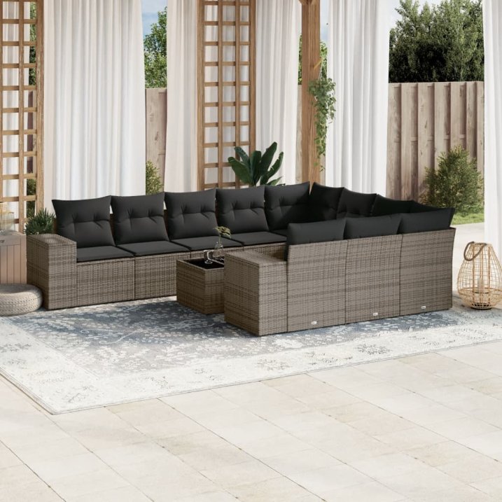 vidaXL 10-tlg. Garten-Sofagarnitur mit Kissen Schwarz Poly Rattan