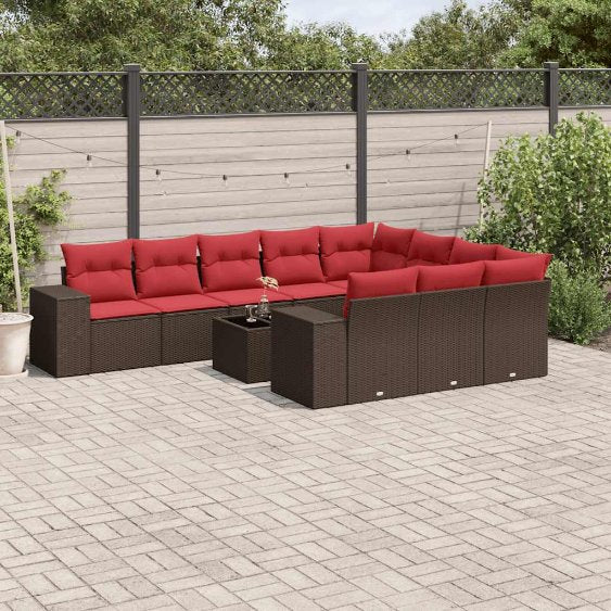 vidaXL 10-teiliges Gartensofa-Set mit Kissen, schwarzes Polyrattan