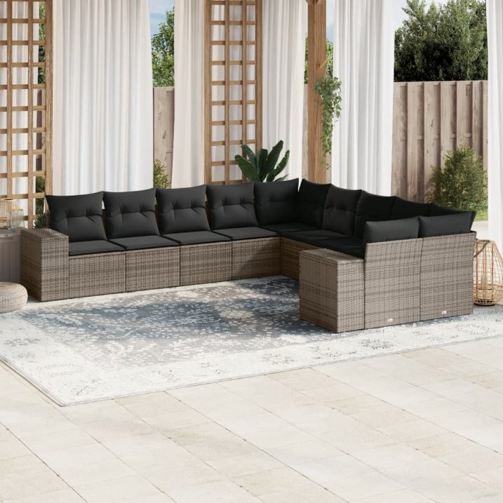 vidaXL 10-tlg. Garten-Sofagarnitur mit Kissen Schwarz Poly Rattan
