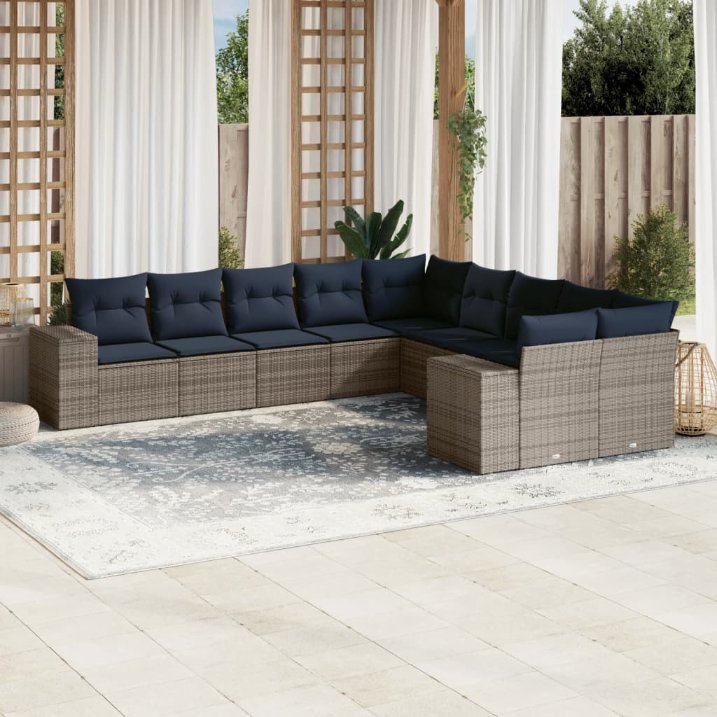 vidaXL 10-teiliges Gartensofa-Set mit Kissen, schwarzes Polyrattan