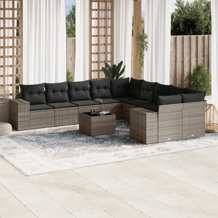 vidaXL 10-tlg. Garten-Sofagarnitur mit Kissen Schwarz Poly Rattan