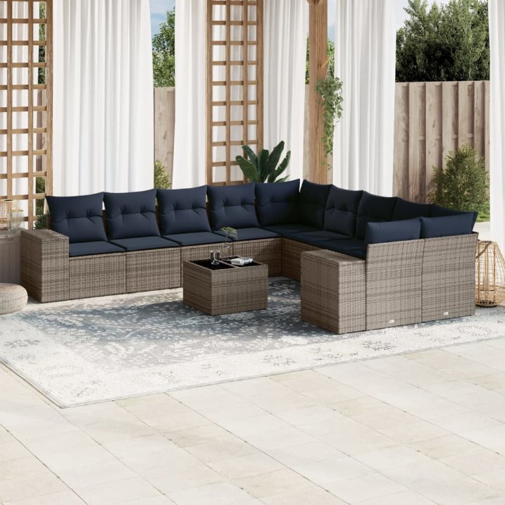 vidaXL 10-teiliges Gartensofa-Set mit Kissen, schwarzes Polyrattan