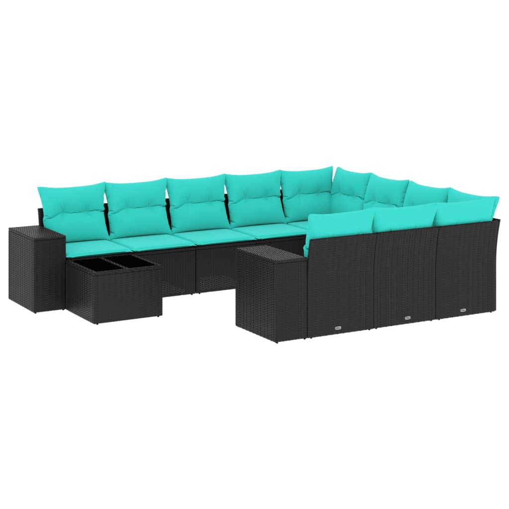 vidaXL 11-teiliges Gartensofa-Set mit Kissen, schwarzes Polyrattan