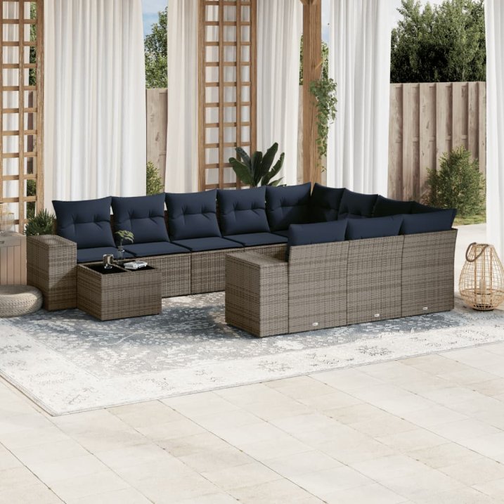 vidaXL 11-teiliges Gartensofa-Set mit Kissen, schwarzes Polyrattan