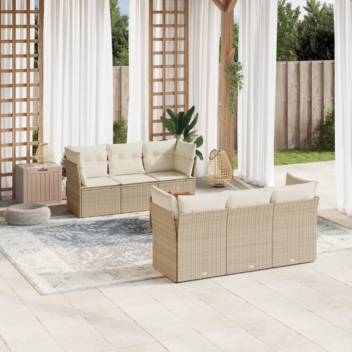 7-tlg. Garten-Sofagarnitur mit Kissen Schwarz Poly Rattan