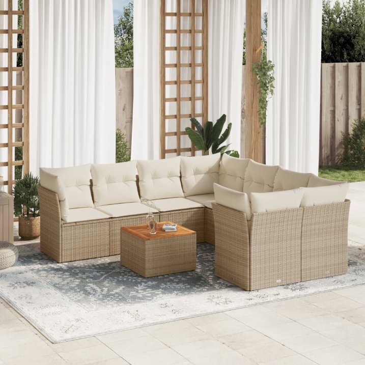 9-tlg. Garten-Sofagarnitur mit Kissen Schwarz Poly Rattan