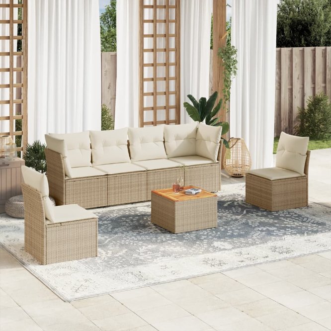 7-tlg. Garten-Sofagarnitur mit Kissen Schwarz Poly Rattan