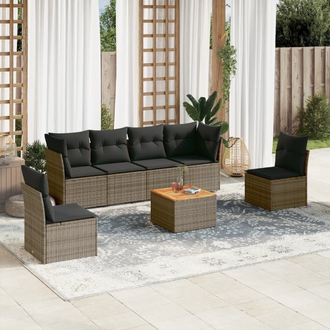 7-tlg. Garten-Sofagarnitur mit Kissen Schwarz Poly Rattan