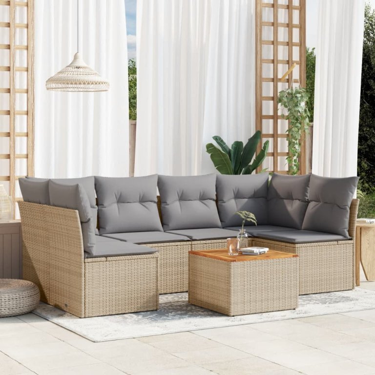 7-tlg. Garten-Sofagarnitur mit Kissen Schwarz Poly Rattan