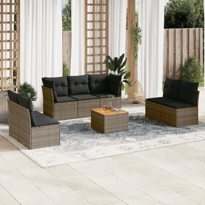 8-tlg. Garten-Sofagarnitur mit Kissen Schwarz Poly Rattan