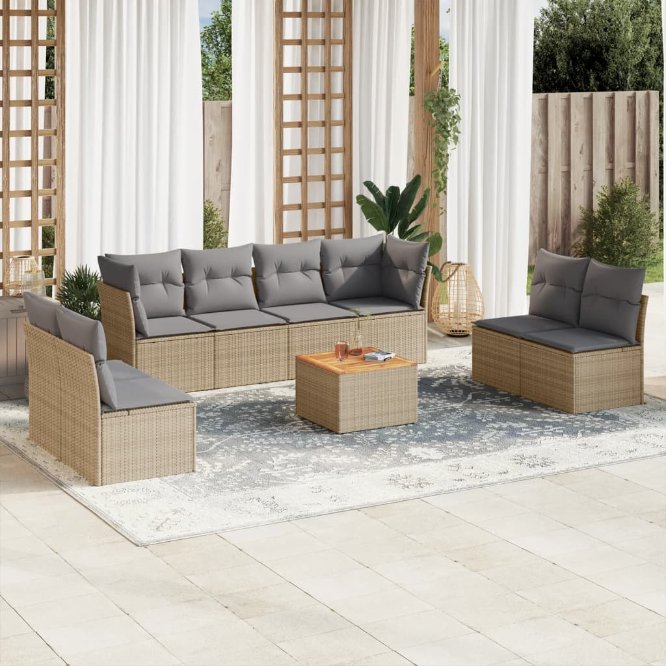 9-tlg. Garten-Sofagarnitur mit Kissen Schwarz Poly Rattan